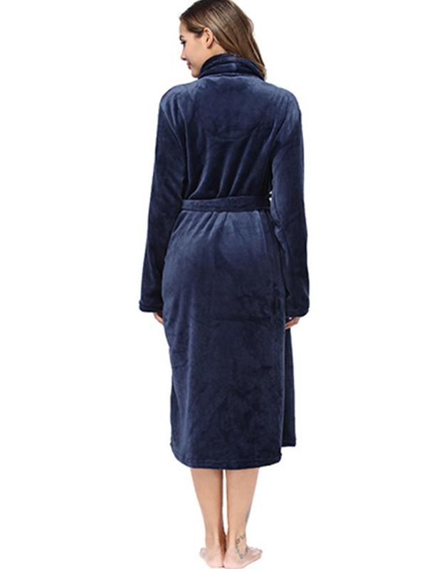 Women's Pocket Belted Shawl Collar Flannel Robe, Casual Long Sleeve Bathrobe Housecoat Dressing, Comfort PJ For Lady, Cold Weather Gear 7