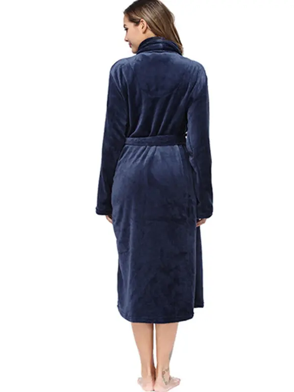 Women's Pocket Belted Shawl Collar Flannel Robe, Casual Long Sleeve Bathrobe Housecoat Dressing, Comfort PJ For Lady, Cold Weather Gear 7