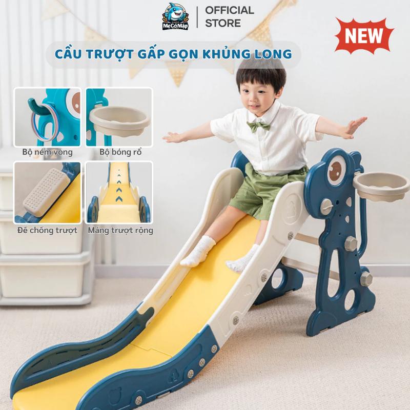 Cầu Trượt Cho Bé Hình Khủng Long Máng Dài Chất Liệu Nhựa An Toàn Có Đồ Chơi Ném Vòng Và Bóng Rổ Cho Bé KS02