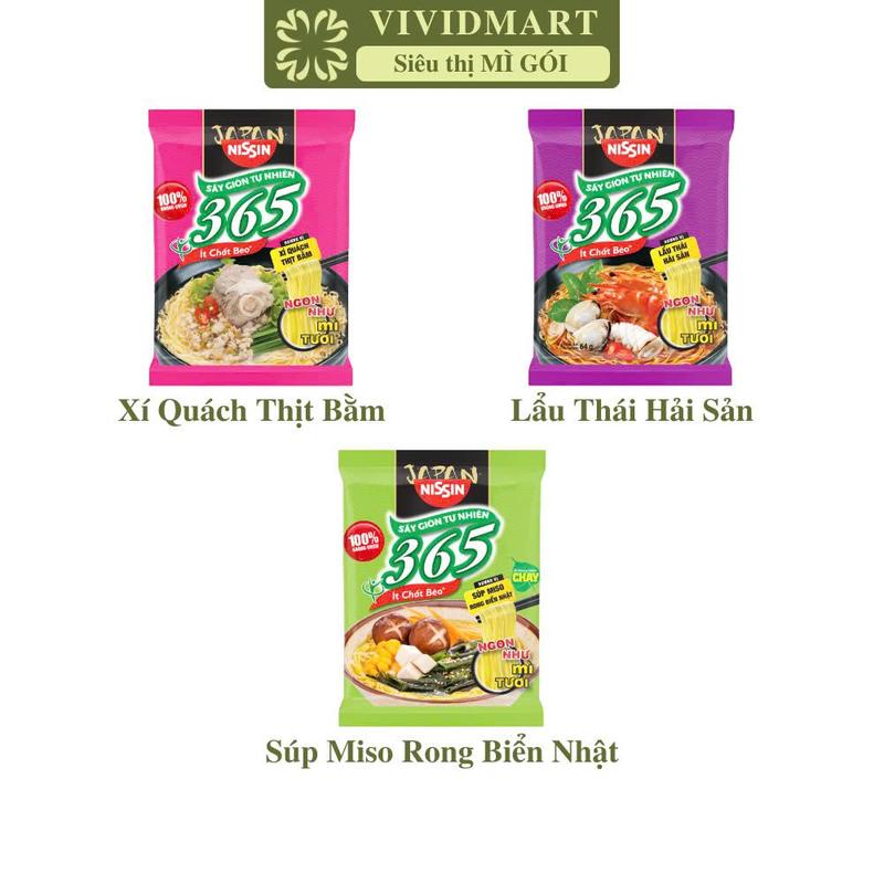 [GÓI LẺ] - NISSIN - Mì 365 có 3 vị: Xí Quách Thịt Bằm, Lẩu Thái Hải Sản, Súp Miso Rong Biển Nhật (64g-68g/gói) - Mì không chiên 365/ Mì gói 365/ Mì Healthy 365