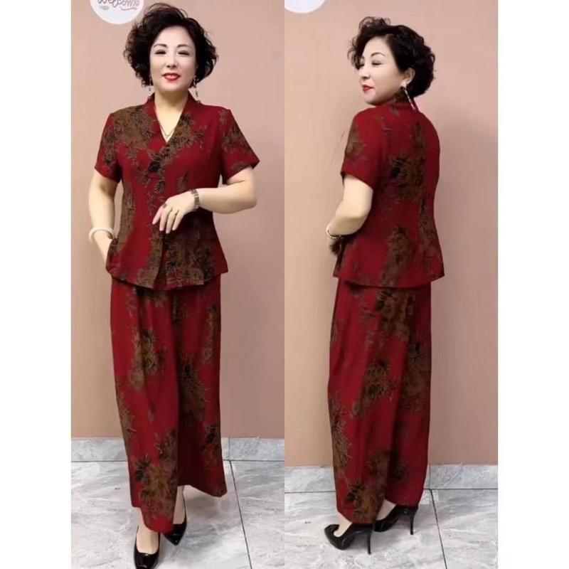 áo sơ mi nữ 2025 mẫu mớiBộ Đồ Cho Mẹ, Chất Liệu Polyester, Quần Áo Mùa Hè, Hàng Mới Về, Áo ngắn Tay Quần Ống Rộng Cạp Cao In Họa Tiết Cổ Điển, Bó Sát, Bộ Hai Mảnh, 2025 bộ  đồ  hello  kitty bộ  hoa  tây  tử đồ  bộ  cánh  dơi  nữ bộ  đồ  butterfly bộ  lanh 4
