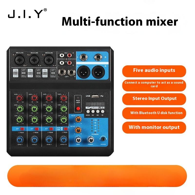 Product Introduction of Mixer 5-way computer recording Free drive sound card Live home stage Bluetooth USB DJmixer mixer 0