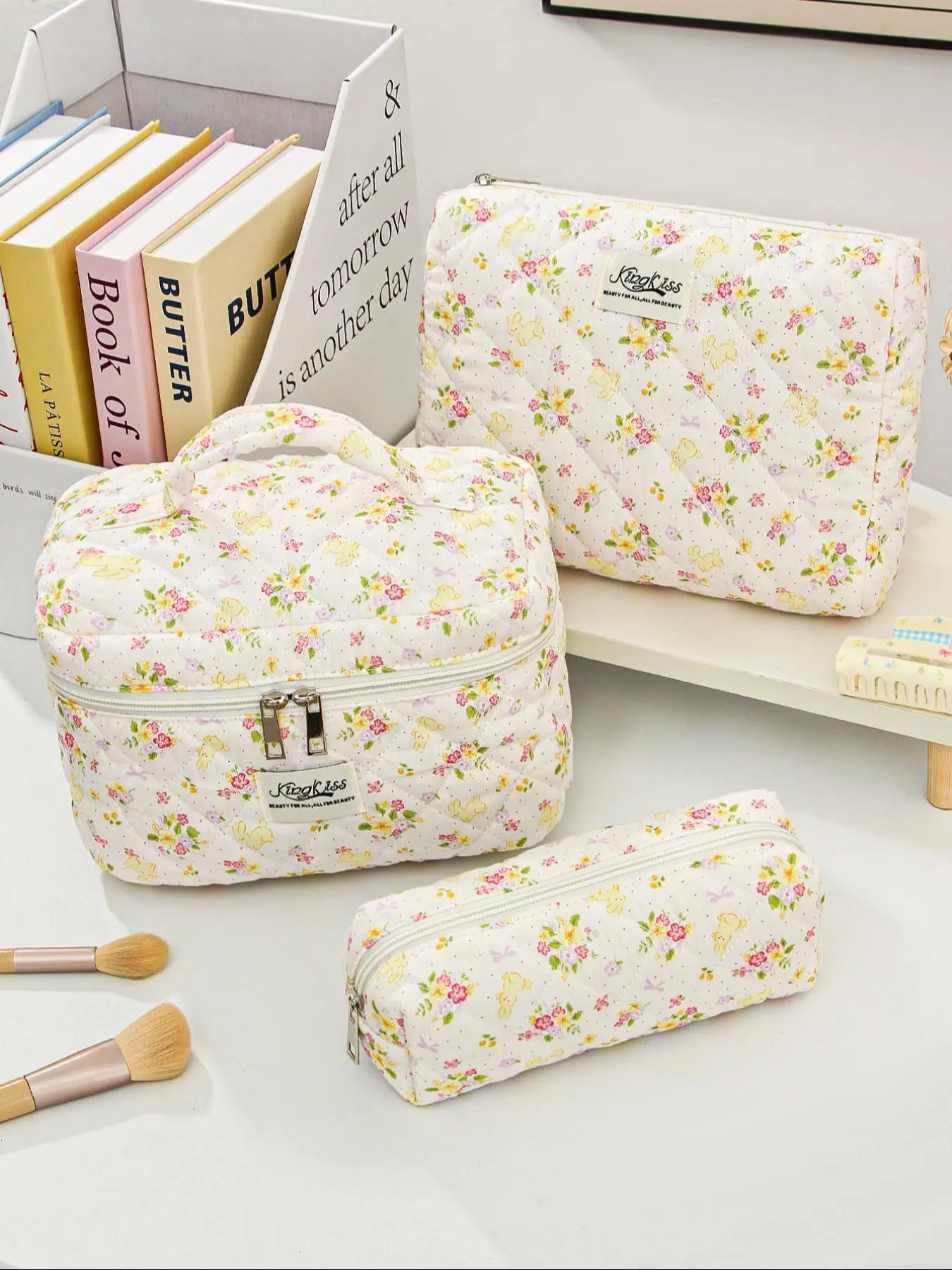 Floral Pattern Makeup Bag Set, Portable Cosmetic Storage Bag with Zipper & Handle, Brush Pouch, Versatile Storage Bag for Travel, Dormitory, Girls