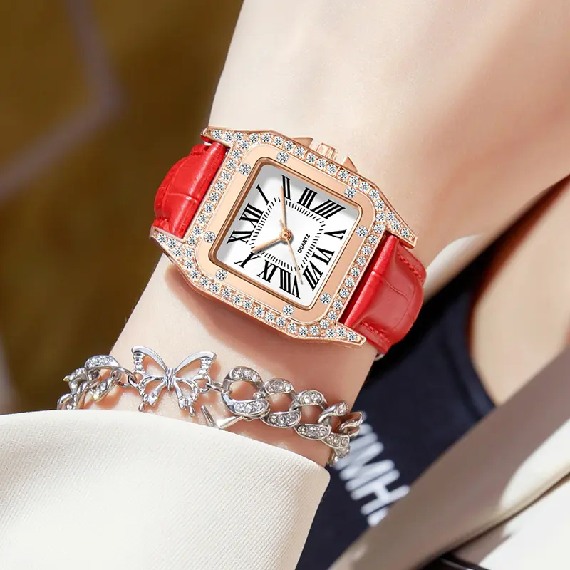 Luxury Women's Watch Square Rhinestone Watch Student Ins High Beauty Watch Small Dial Women's Quartz Watch Ladies' and Girls Fashion Jewelry