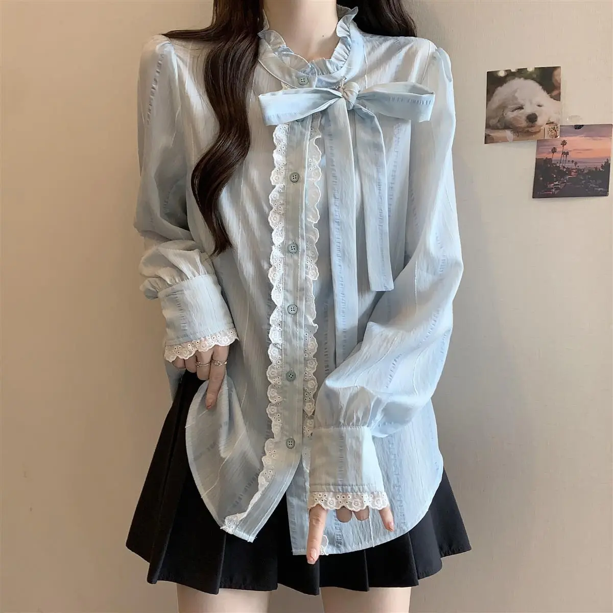 Áo Sơ Mi Dài Tay Màu Xanh Da Trời, Cho Phụ Nữ, Phong Cách Đầu Thu, Ngoại Cỡ, Cô Gái Đầy Đặn, Dài Trung Bình Áo Chống Lão Hóa Kiểu Pháp, Với Chi Tiết Nơ Ren