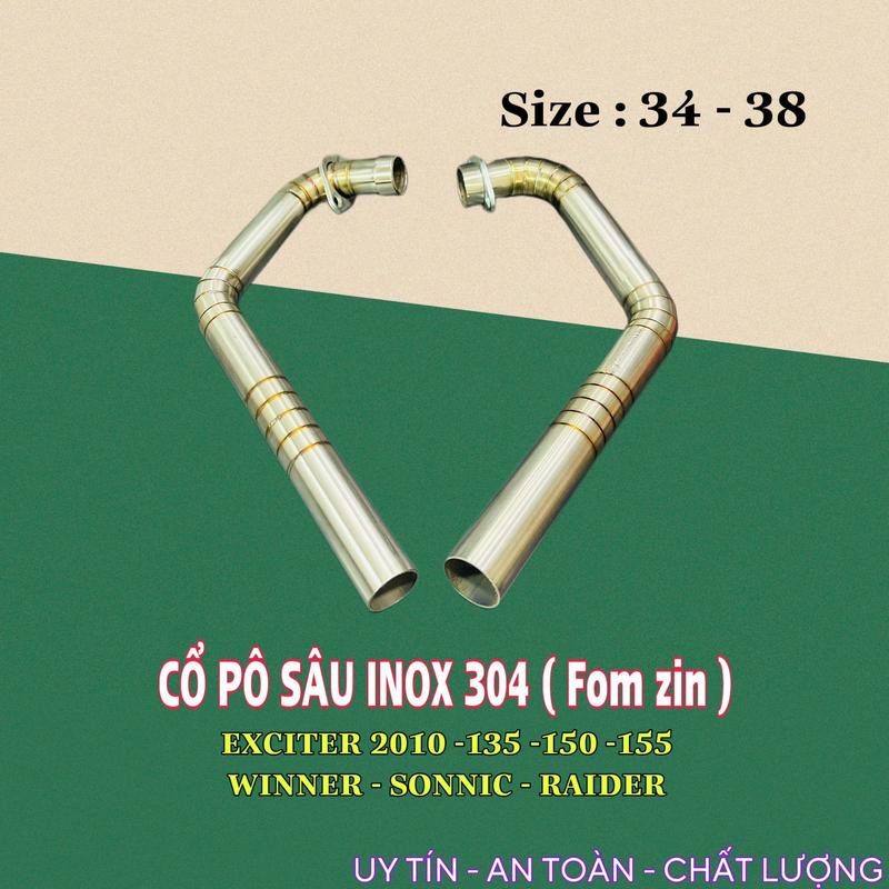 Cổ pô sâu inox 304 fom pô zin exciter 2010, 135, 150, 155, winner, sonic, raider fi satria fi size 34- 38 Phụ Tùng