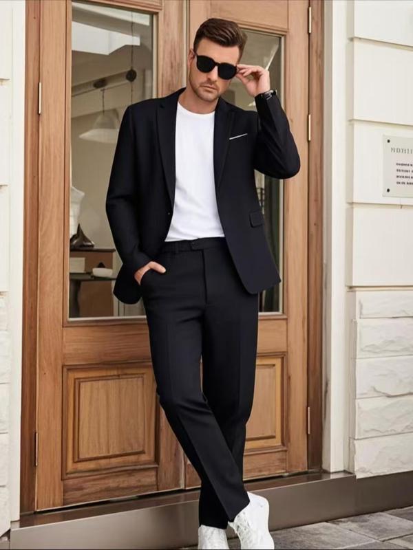 Men's Solid Color Suit Set, Business Formal Lapel Neck Long Sleeve Blazer & Straight Leg Pants, Two-piece Suit for Work Office Business, Menswear 0