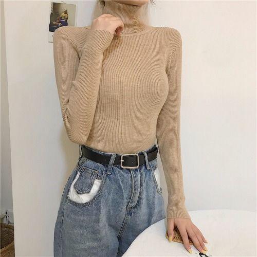 Áo Len Dài Tay, Phong Cách Hàn Quốc, Cổ Lọ Mỏng, Màu Trơn Co Giãn, Ôm Sát, Áo Mặc Trong 5