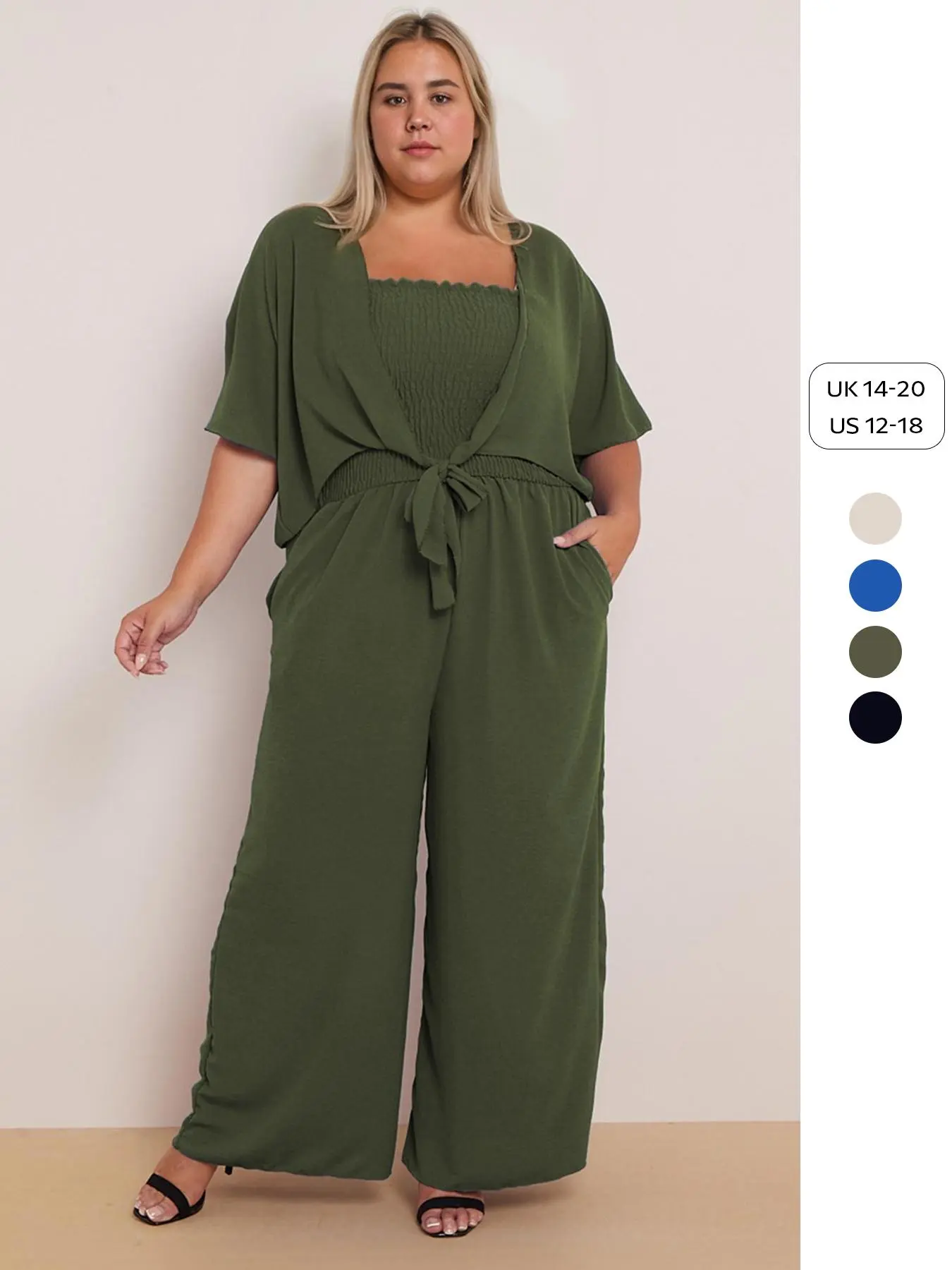 【Plus Size】 Solid Shirred Jumpsuit & Knot Front Outerwear Two-piece Set, Casual Fashion Cozy Two Piece for Daily Outdoor Wear, Women Clothing for All Seasons
