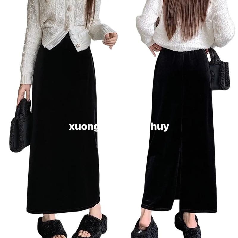 126 cv nhung dài- Chân váy nhung dáng dài 85cm, chân váy A chất nhung tuyết dáng dài xẻ sau có khoá