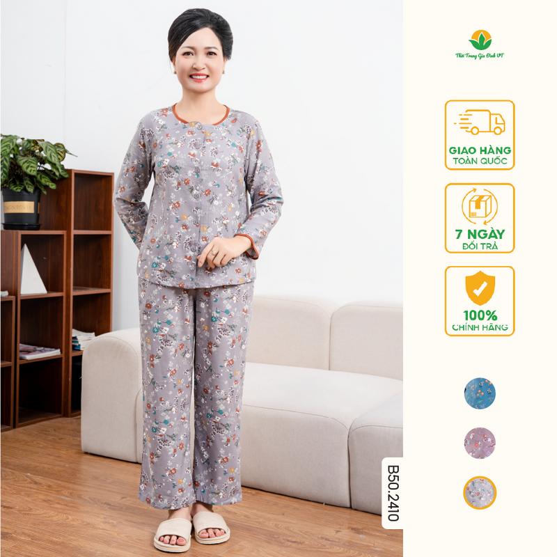 Đồ bộ cotton rayon trung niên thu đông quần dài áo dài tay cúc mở khuy thời trang Việt Thắng B50.2410 Women Nữ Quần Ngủ Top
