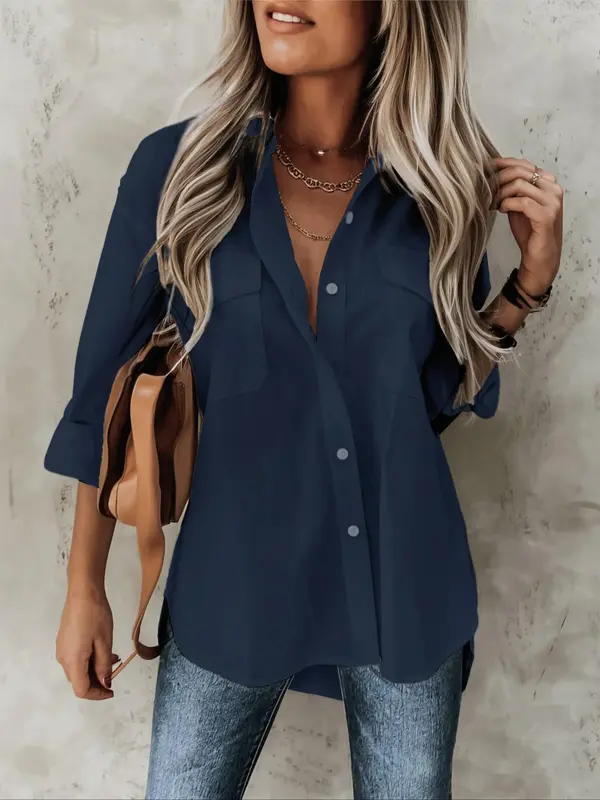 【Plus Size】 Solid Color Rolled Sleeve Button Up Shirt, Casual Curved Hem Top for Spring & Fall, Women's Clothes for Daily Wear 4