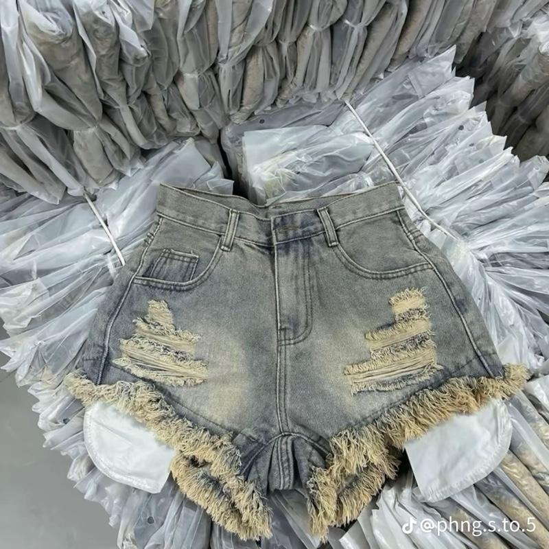 Quần shorts jean đùi nữ 2 màu Xanh Bụi rach kiểu 3 đường lộ túi vải lưng cao thời trang denim Women nữ_Sz SML 2