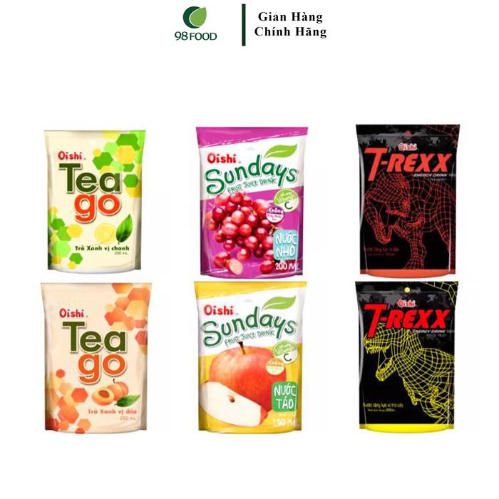 Bán sỉ 1 thùng nước 50 gói trà xanh nước tăng lực đủ vị Tea Go Oishi thơm mát gồm 6 vị túi 180ml kèm ống hút