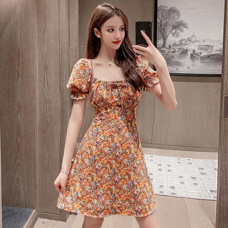Váy Ngoại Cỡ Thời Trang, Nữ Mùa Hè Mới, Cổ Áo Vuông Cổ Điển Kiểu Pháp, Bó Sát Bụng, Tay Ngắn Phồng, Váy Hoa, Thoải Mái Và Thường Ngày, Năm 2025 4