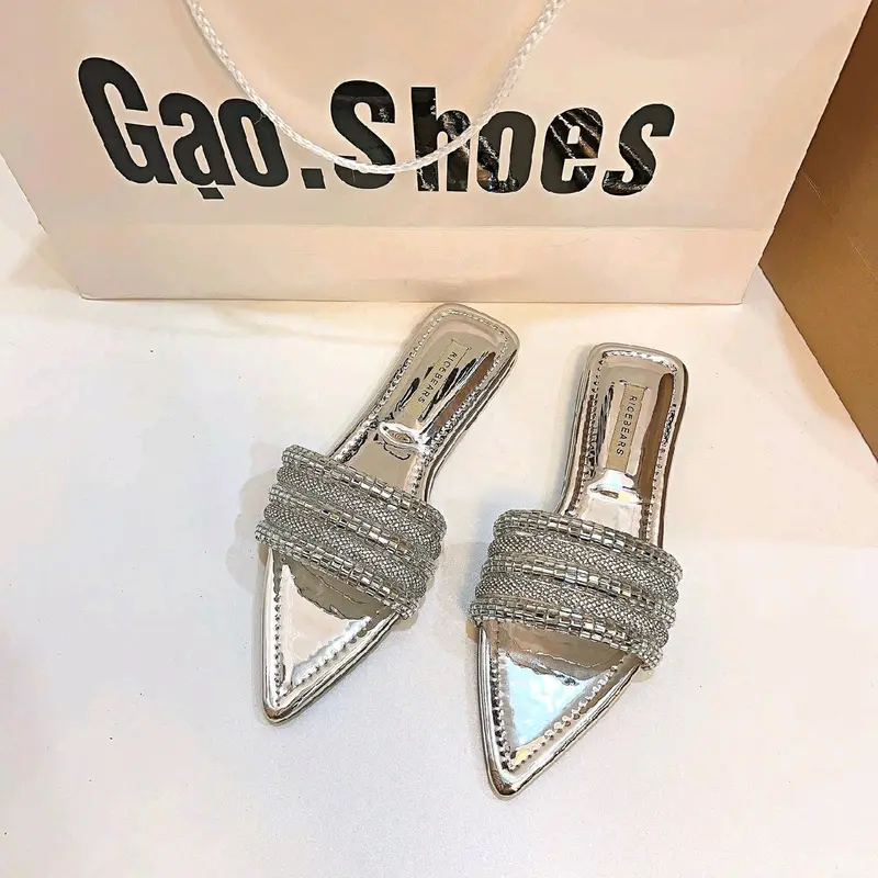 Gạo.Shoes (CÓ BIGSIZE) - Dép Lê Nữ Mũi Nhọn, Quai Ngang Dây Đá So Le, Đế Cao Cấp Chống Trơn Trượt. 8
