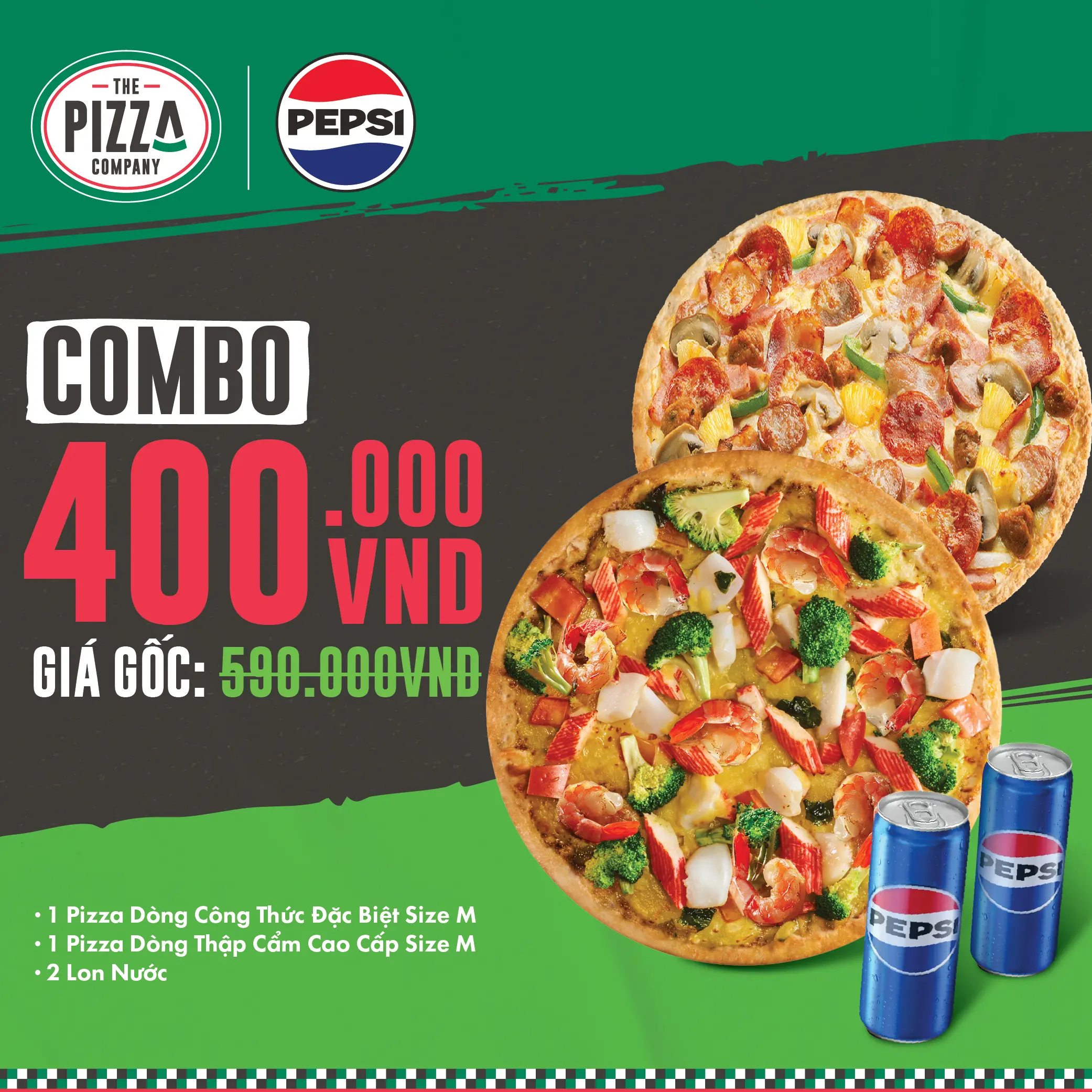 Combo 2 Pizza M - Hải Sản Pesto Xanh & Thập Cẩm - (3-4 người) -  1 Pizza Hải Sản Pesto Xanh size M + 1 Pizza Dòng Thập Cẩm Cao Cấp size M + 2 Lon Pepsi - The Pizza Company - (Giao nhanh 1H)