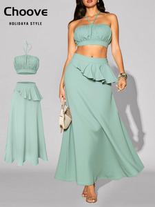 Women's Solid Color Top & Skirt Set, Casual Fashion Two-piece Set for Daily Outdoor Wear, Ladies Clothes for Summer