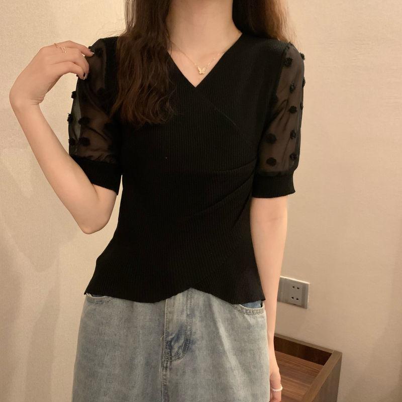Product Introduction of Áo Thun Thiết Kế Voan Dáng Ôm, Knatwear, Cổ Chữ V, Ngắn, Dành Cho Nữ, Màu Đỏ Ngủ, Quần Áo Nữ 16