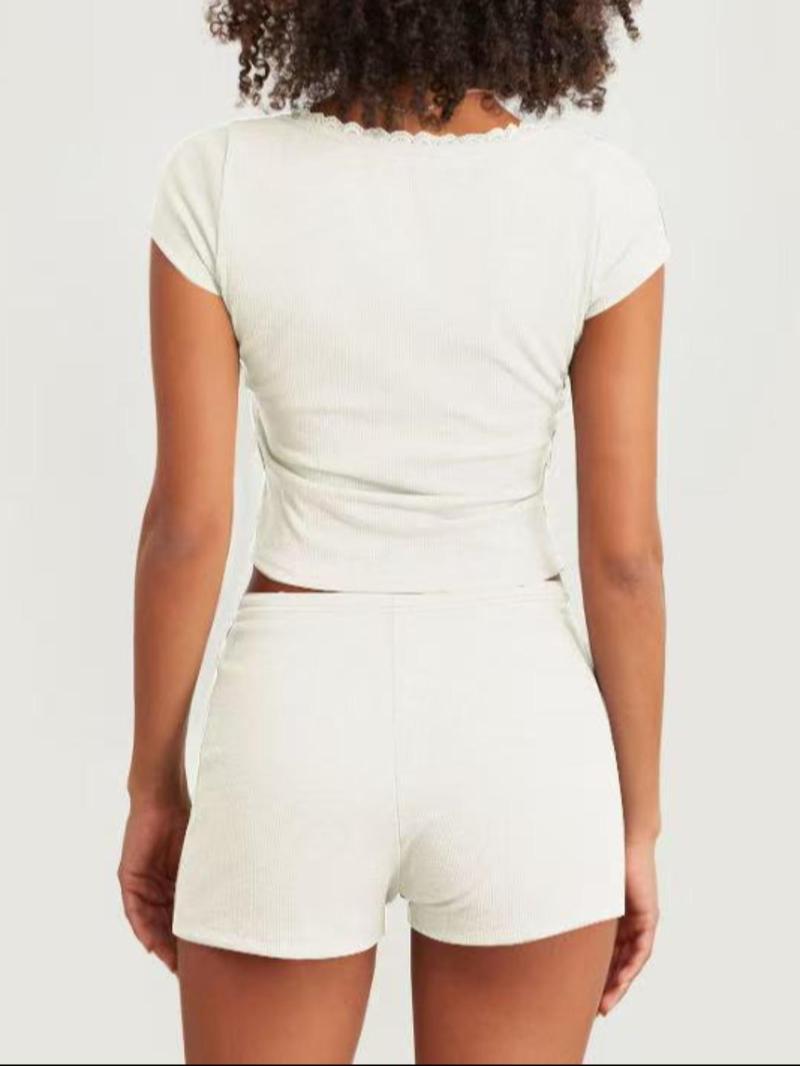 Product Introduction of Women's Solid Ribbed Crop Top & Shorts Two-piece Set, Casual Fashion Cozy Breathable Two Piece Outfits for Daily Wear, Ladies Clothes for All Seasons 8