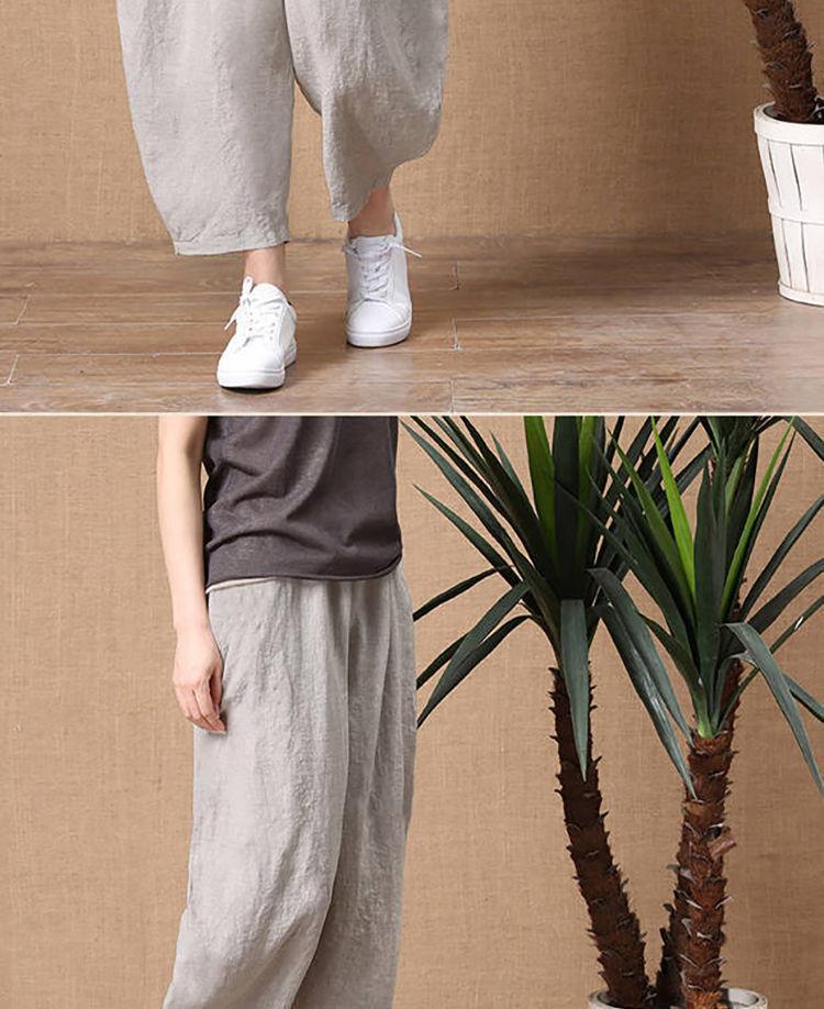 Product Introduction of 2025 Summer New Cotton Linen Long Pants for Women Loose Plus Size Wide Leg Pants High Waist Versatile Floor-Length Linen Pants rib  flares cutbray 6