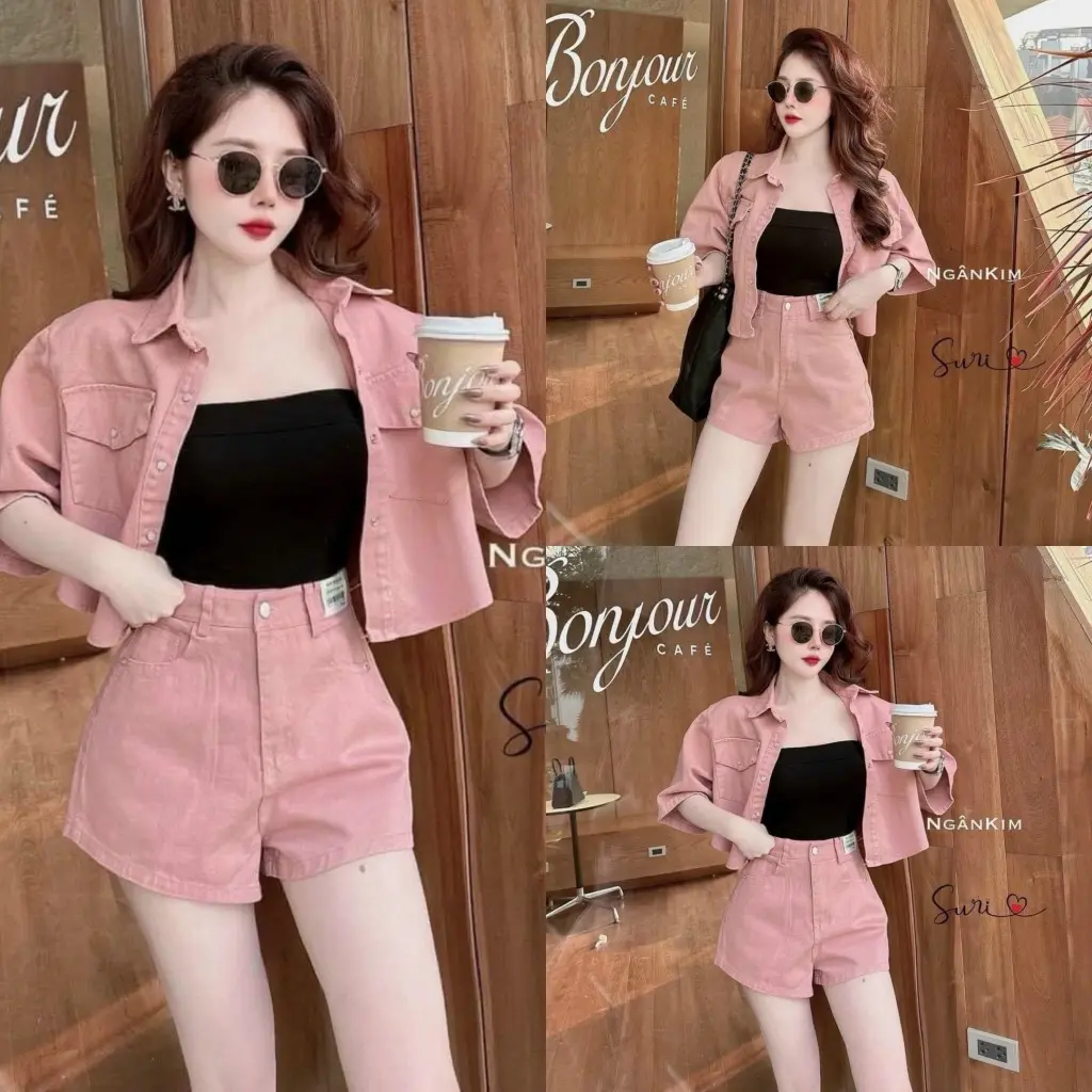 Set bộ thun kaki kèm lót thời trang thiết kế nữ trẻ trung năng động cổ sơ mi áo ngắn tay quần ngắn có túi