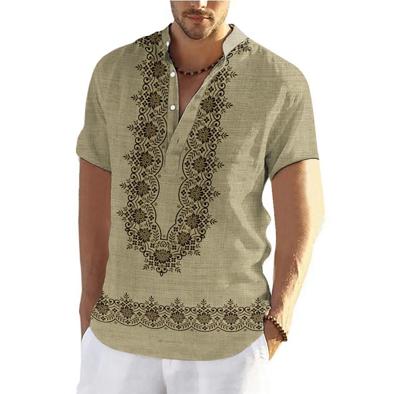 Product Introduction of 2025 New Year Ethnic Style Barong Shirt Men's Stand Collar Short Sleeve Top 3D Bohemian Traditional Retro Ethnic Clothes Outdoor Loose Breathable Quick-Drying Large Size Men's Clot 27