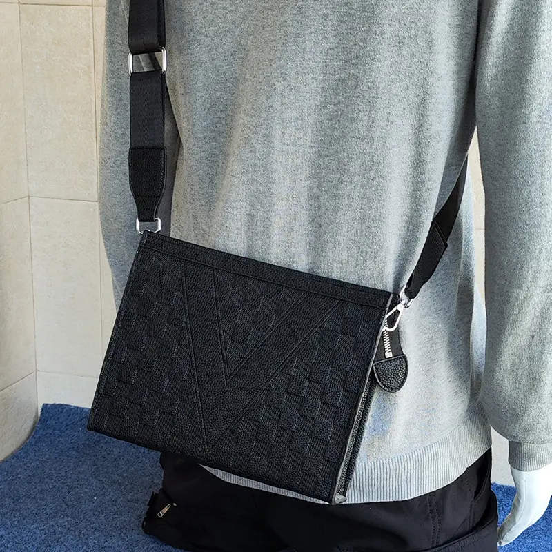 Embossed Shoulder Bag, Plaid Messenger Bag, Men's Bag, Hard Leather Men's Clutch Bag Large-capacity