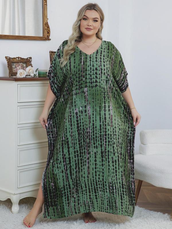 Plus Size Geometric Striped Print Batwing Sleeve Split Hem Tunic Dress, Casual V Neck Half Sleeve Cover Up Dress for Summer, Women's Clothes for Beach Holiday Vacation 0