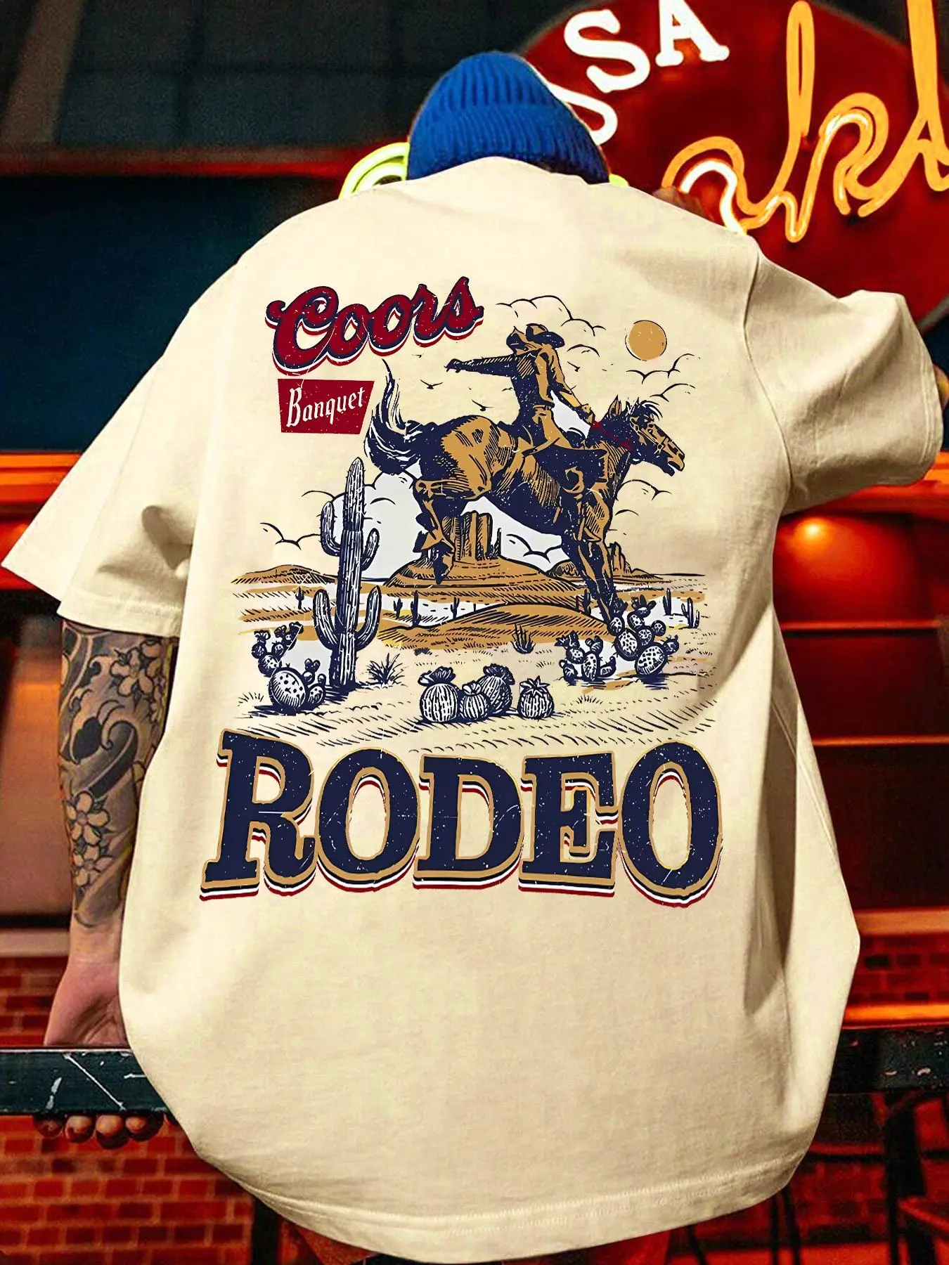 Men's Vintage Cowboy Print Short Sleeve Graphic Tee, Regular Fit Casual Retro T-shirt for Summer, Men's Top for Daily Wear
