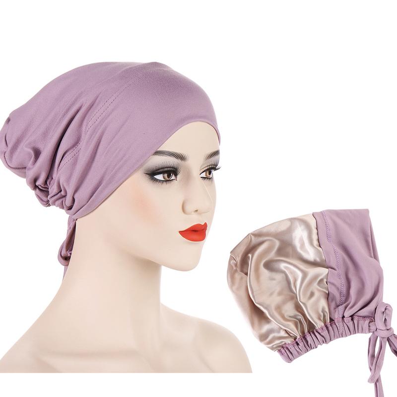 Product Introduction of Instant Hijab Muslim Tudung Inner Hijab New Multi-color Satin Cloth Drawstring Pullover Cap Base Cap Strap Tether Cap 13
