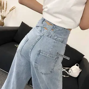BOSENOM- Celana Kulot Jeans Wanita Highwaist Premium Variasi 2 kancing loose celana jins Panjang kasual pinggang crossback Kaki Nyaman Santai Stretch Belah Samping Belah Samping Hitam