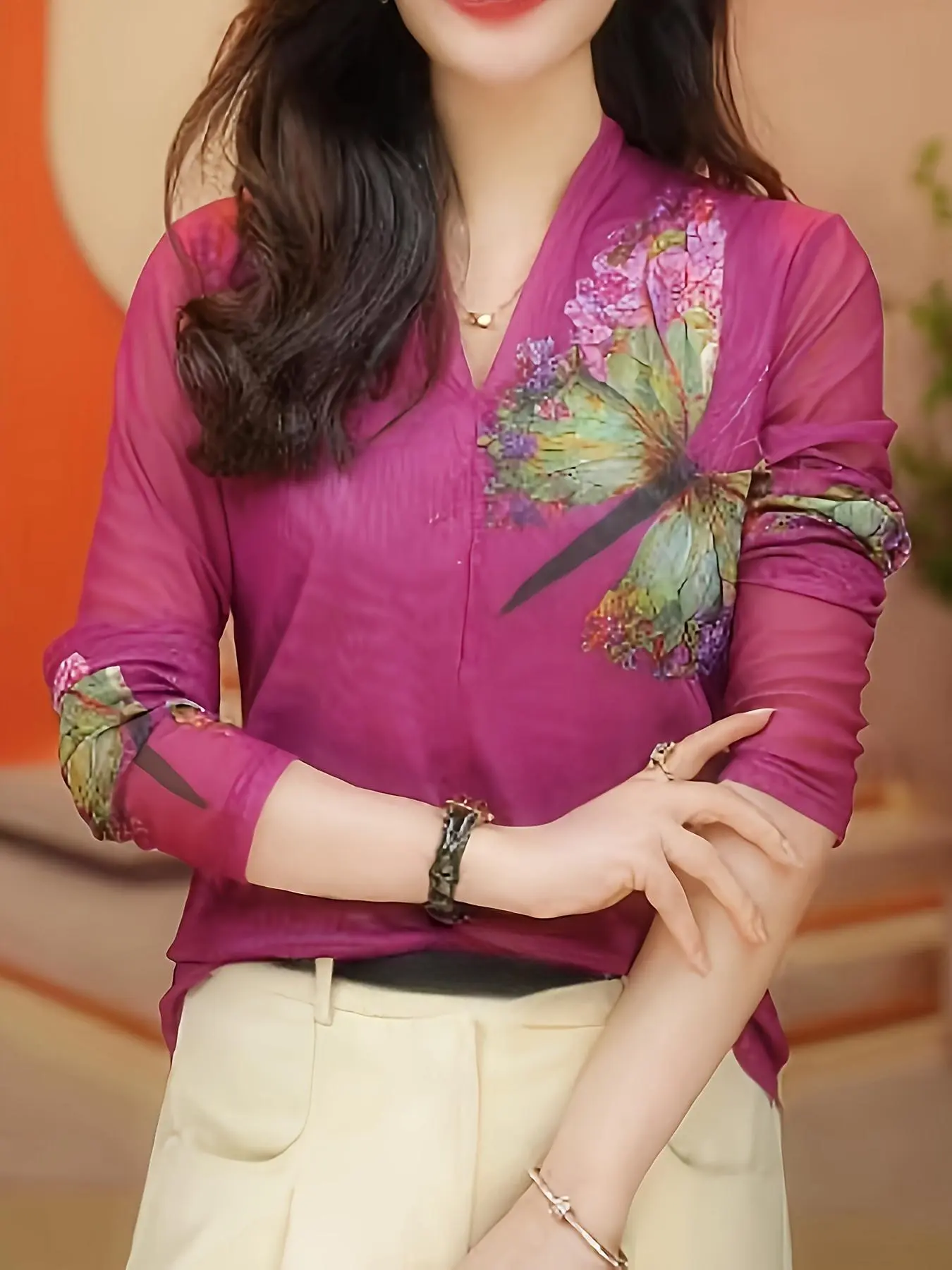 Women's Butterfly Print V Neck   Top, Elegant Long Sleeve Top for Spring & Fall, Ladies Clothes for Daily Wear