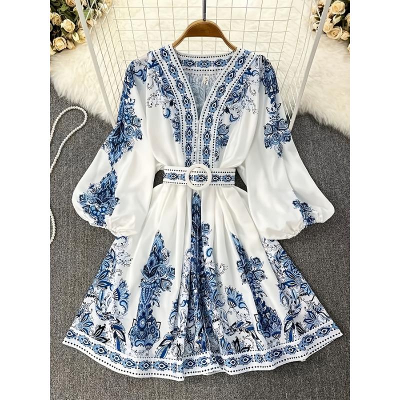 Fashion Vintage Print Split Joint O Neck Irregular Dresses Fashion Vintage Print Split Joint O Neck Irregular Dresses