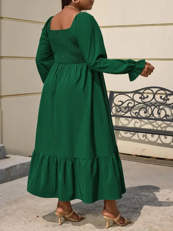 CURVZY Plus Size Plain Shirred Ruffle Hem Autumn Aesthetic Milkmaid Flounce Sleeve Dress, Plus Casual Square Neck Long Sleeve A Line Dress for Daily Wear, Fall & Winter Clothes, Casual Dresses 1