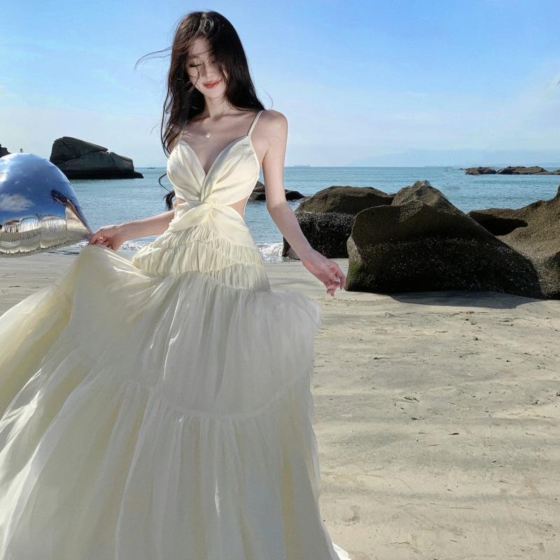 Váy đi biển - Đầm 2 dây maxi hở lưng phối voan bèo siêu tôn dáng , nổi bật dieuanh_5202 8