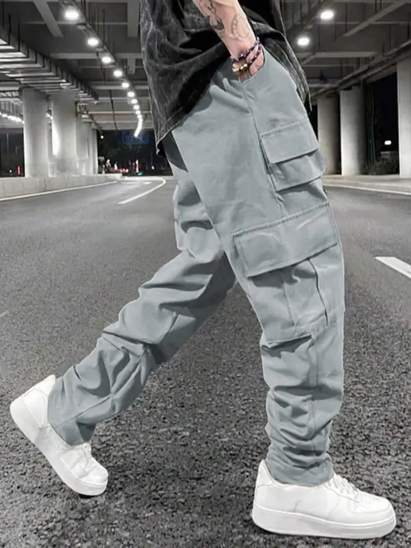 Men's Solid Drawstring Waist Cargo Pants, Street Fashion Casual Pocket Elastic Waist Trousers for Daily Wear, Men's Bottoms for All Seasons 7