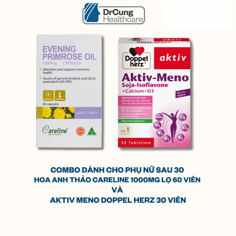 TPBVSK COMBO AKTIV MENO Doppelherz 50mg hộp 30 viên và Tinh Dầu Hoa Anh Thảo CARELINE LỌ 60 VIÊN Hỗ trợ bổ sung chăm sóc sức khỏe phụ nữ sau 30 tuổi