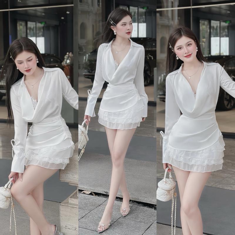 Set đồ nữ A42 không kèm Bra áo sơ mi lụa cổ đổ tay loe phối chân váy ren tầng có lót quần siêu xinh siêu sang chảnh phù hợp đi tiệc đi chơi đi dạo phố - Akara Closet Dress Women Voi Kem Top Shirt