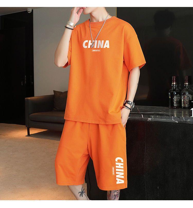 Product Introduction of Summer New Trendy Hong Kong Style Simple Letter Printing Leisure Sports Suit Green Student Short Sleeve Shorts Two Pieces Suit Menswear Overalls Lingerie Formal 9