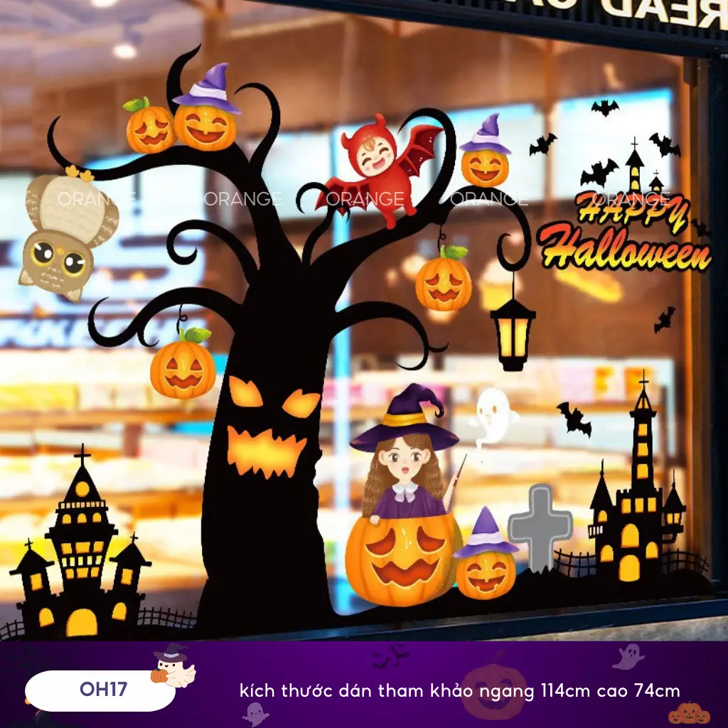 Decal Halloween hít tĩnh điện đồ trang trí Halloween cho bé dán cửa kính Orange