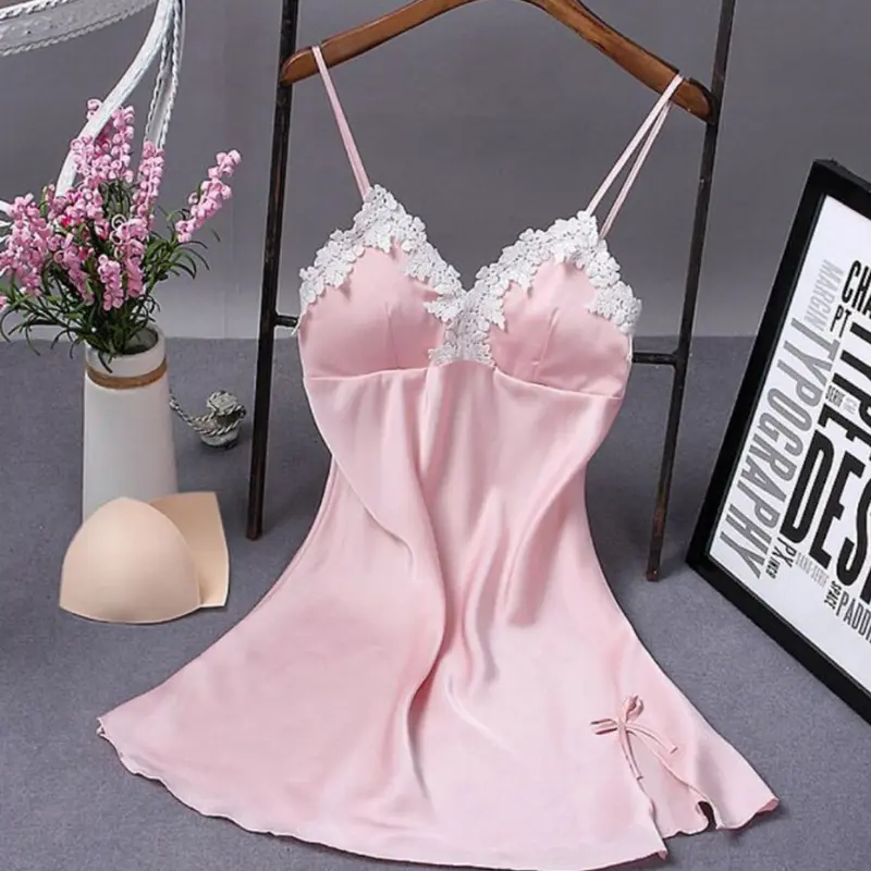New Summer Sexy Women Lingerie Dress Strap Lace V-neck Solid Satin Nightdress Nightgown Lady Sleepwear Silk Womenswear