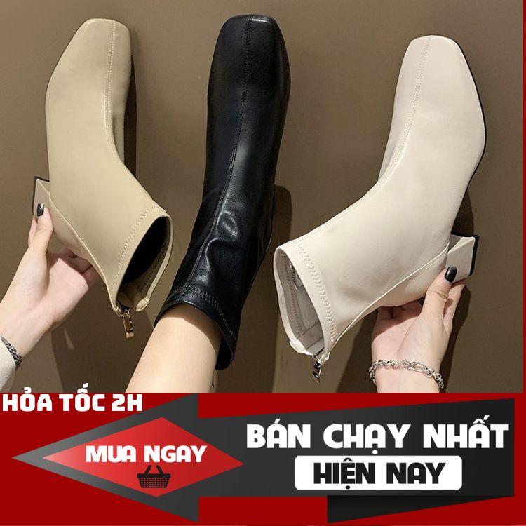 Bốt nữ cao thấp da mềm lót nỉ siêu xinh giày boot nữ cổ thấp Pu khóa sau thời trang đế cao 5 phân dễ phối đồ PINKAHA Shoes Cổ Cao