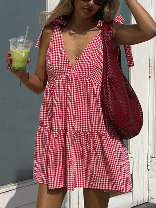 Women's Plaid Print Bow Decor Tie Shoulder Sleeveless Dress, Casual Fashion Gingham Dress for Daily Holiday Vacation Wear, Ladies Dress for Summer, Going Out Dresses, Womenswear, Casual Classy Dress, 2
