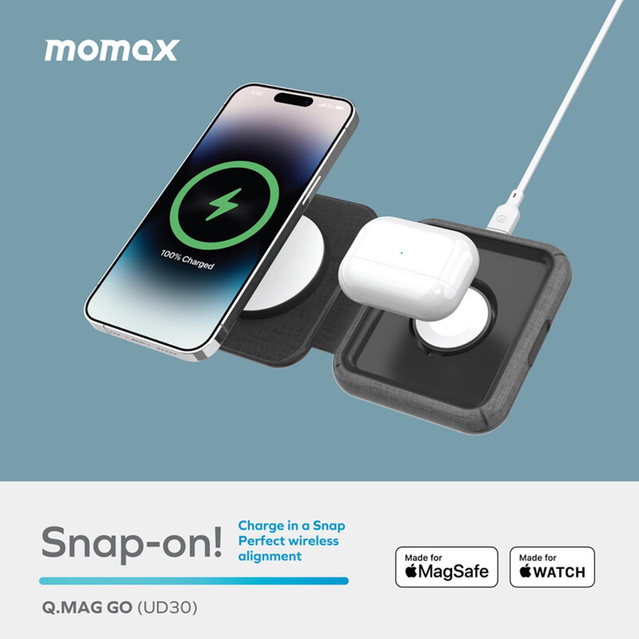 Wireless Charger Momax Q.Mag Go 20W MagSafe MFi 2 in 1 Fast Charging