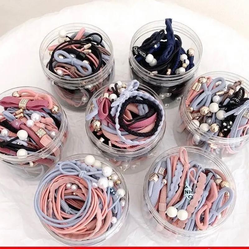   Tặng kẹp xoắn Hộp  50 dây buộc tóc cột nơ ,ngọc trai  trơn đơn giản Thun Nhung Voi 