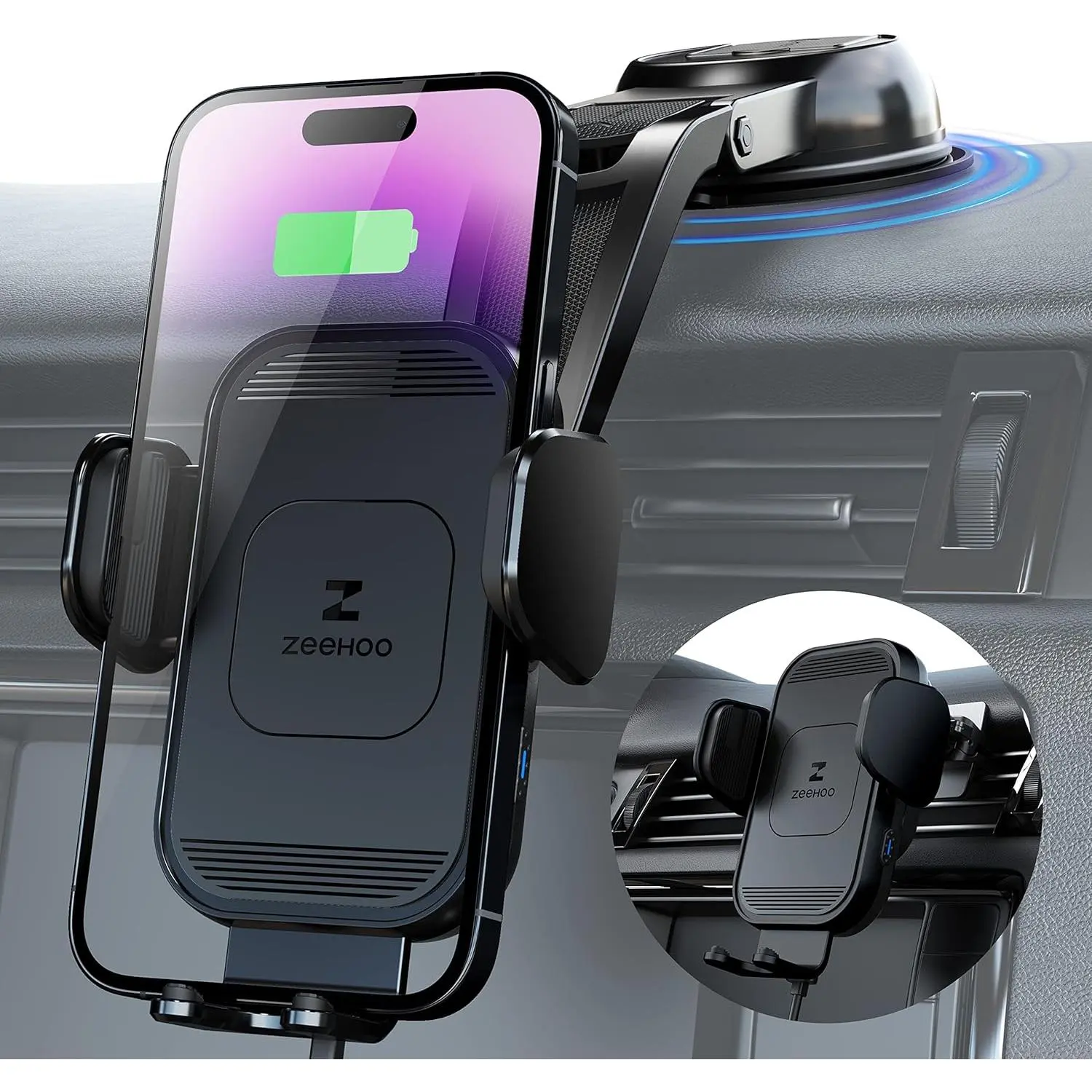ZeeHoo Wireless Car Charger, 15W Fast Charging, Automatic Clamping Car Phone Holder, Phone Holder Charger, Suitable for iPhone 15 14 13 12 11 Pro Max XS Others (Black)