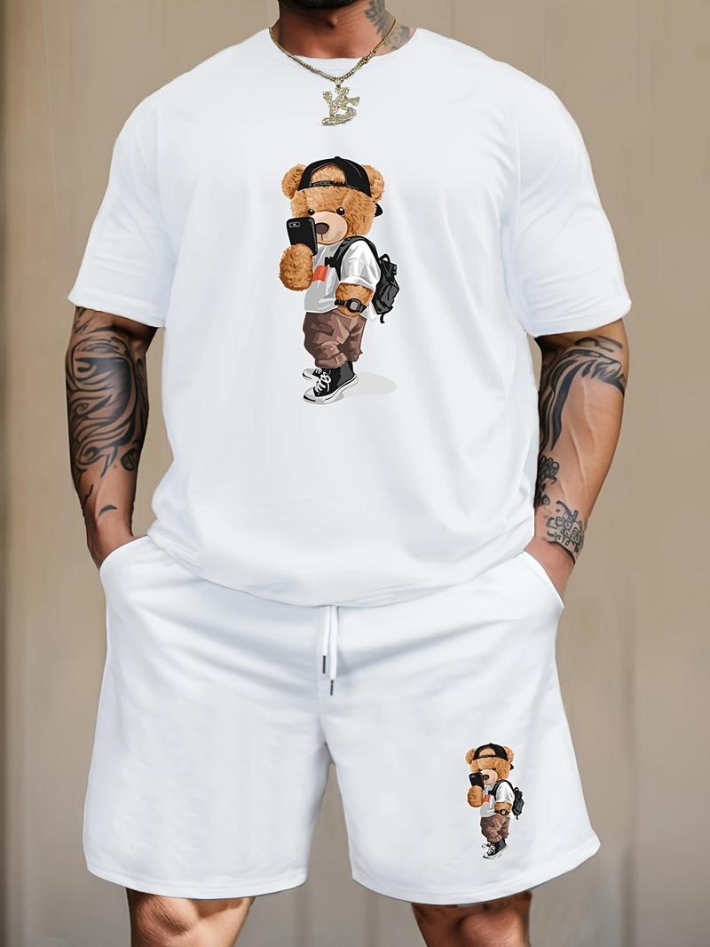 Product Introduction of 2 Counts Men's Cartoon Bear Print Tee & Drawstring Pocket Shorts Set, Regular Fit Crew Neck Short Sleeve T-Shirt & Elastic Waist Shorts, Men's Summer Clothes, Summer Outfits 2024 9