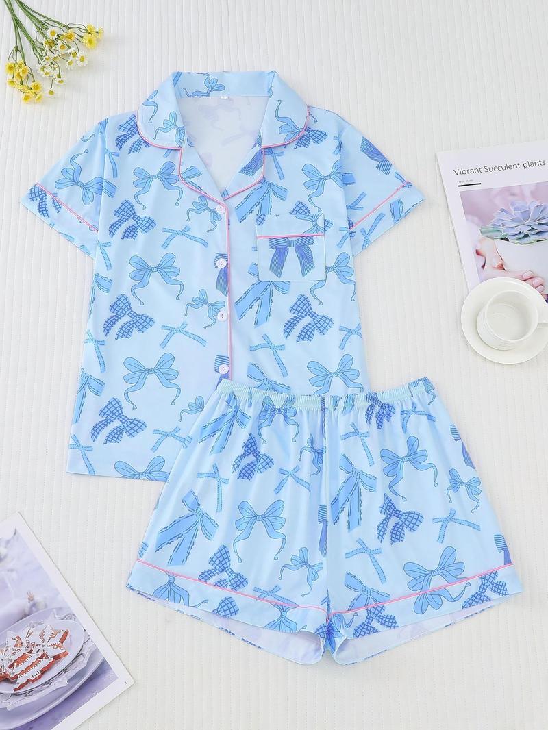Product Introduction of Two-piece Set Women's All Over Bow Print Pocket Button Front Shirt & Bow Decor Shorts Pyjama, Casual Comfy Short Sleeve Lapel Top & Elastic Waist Shorts Pj Set, Ladies Summer Sleepwear, Summer Friday Set, Sleep Sets, Pajamas 5