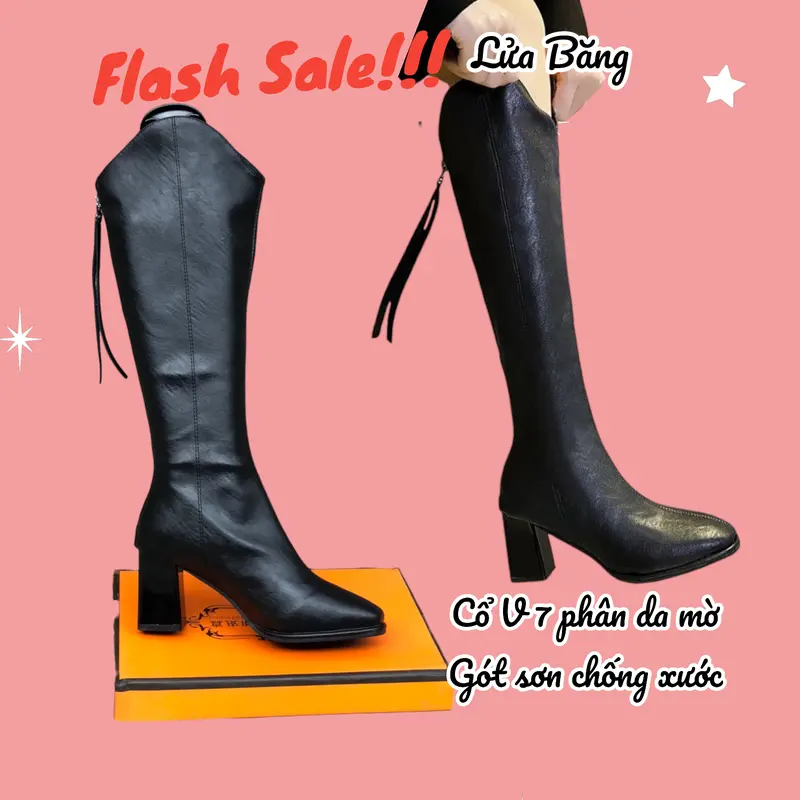 Boot đùi nữ cổ V gót cao 7P chất da mềm A58_611 GiàY Shoes Bốt bố t 1
